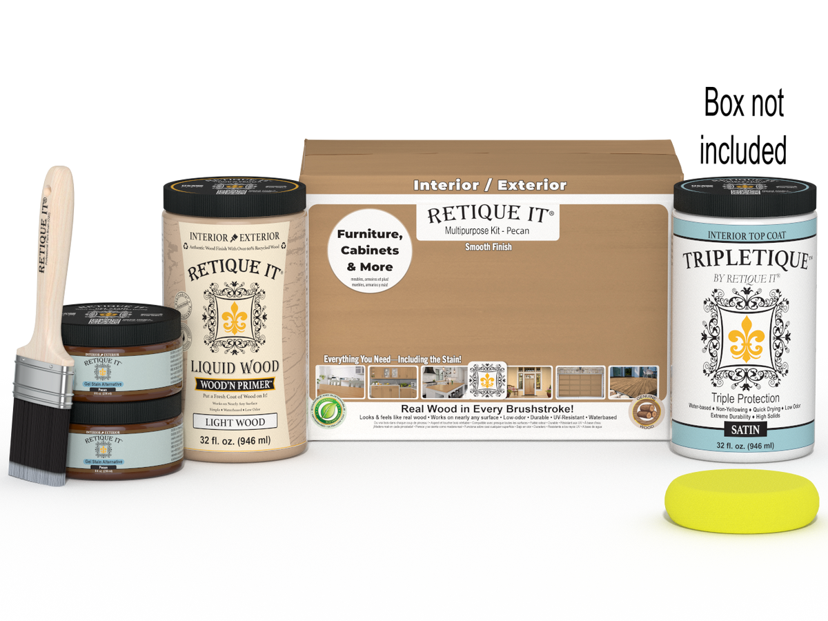 Large Pecan wood finish kit by Retique It with smooth interior top coat, includes tools and supplies for wood finishing projects.