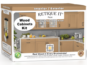 Retique It® Wood'n Cabinet Kit with 24 smooth pecan stain doors, ideal for kitchen or bathroom cabinet renovation.