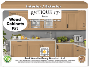 Retique It® Wood'n Cabinet Kit with 24 smooth pecan-stained cabinet doors, featuring natural wood grain and modern design.