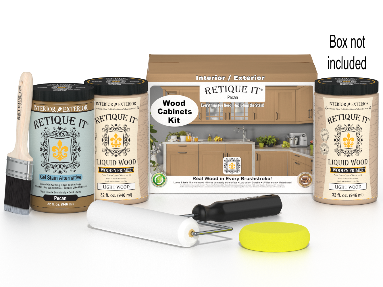 Retique It® Wood'n Cabinet Kit in Pecan stain with 24 smooth cabinet doors for a modern kitchen upgrade.