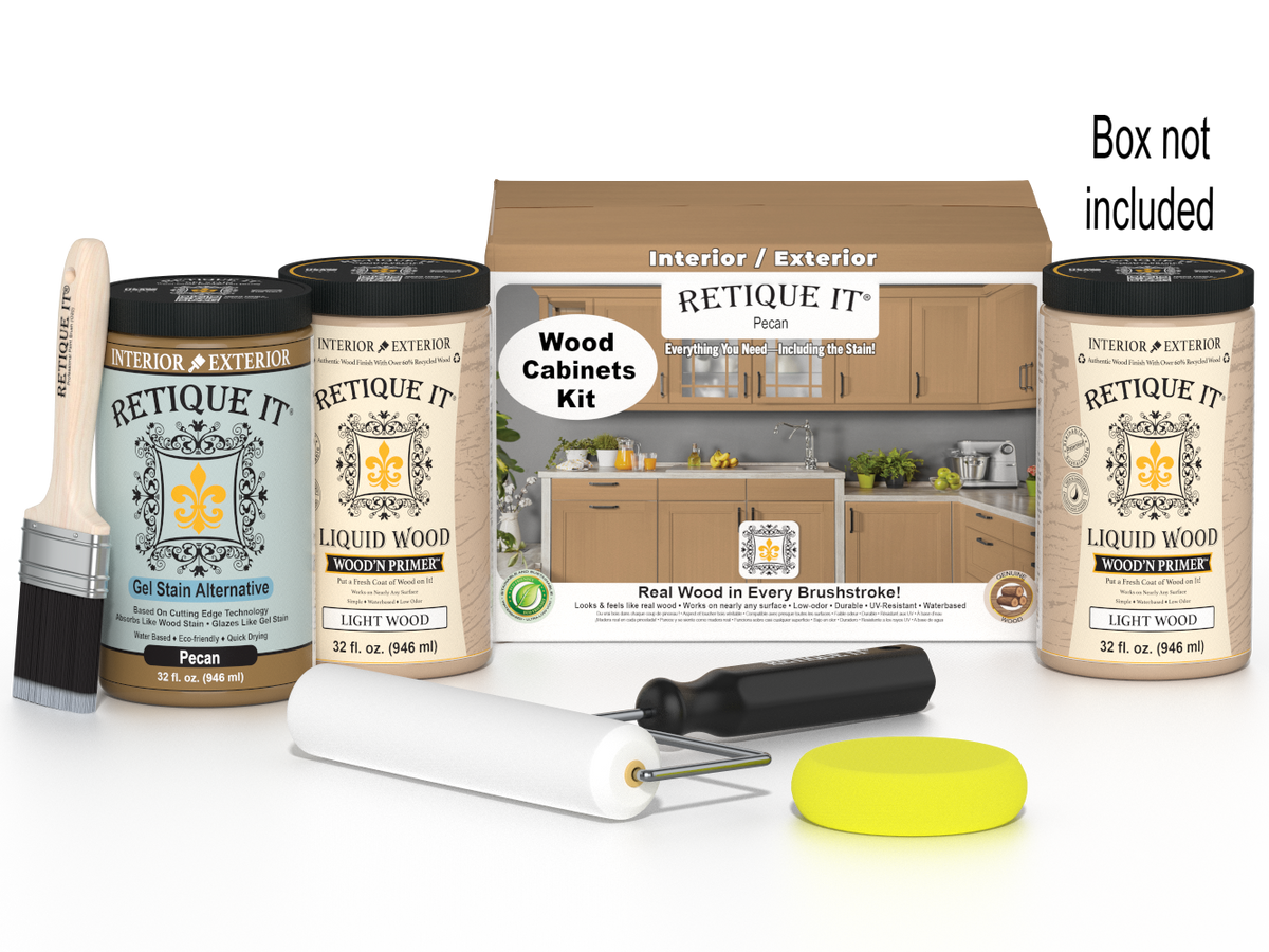 Retique It® Wood'n Cabinet Kit with 24 smooth pecan stained cabinet doors in a box, showcasing unfinished wood and stain details.