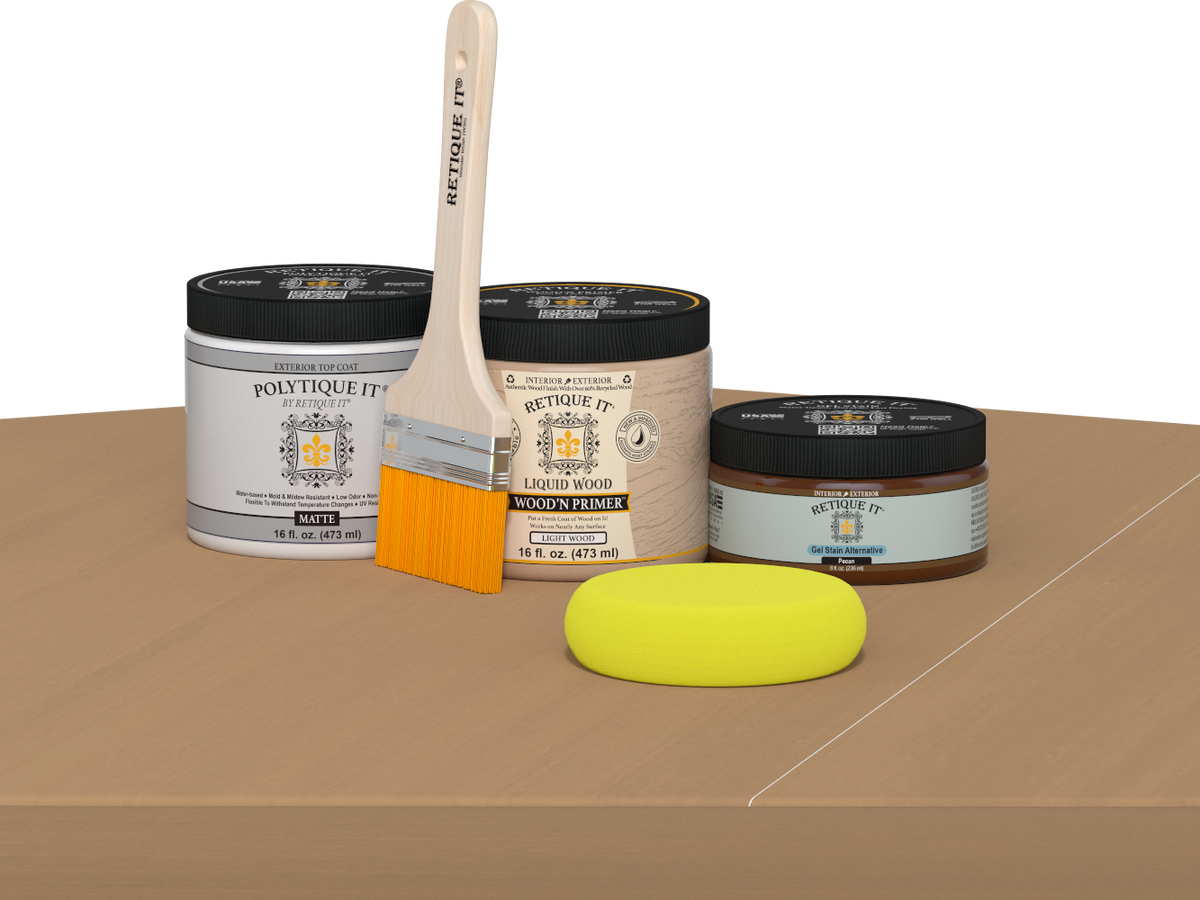 Retique It® Pecan Multi-purpose Smooth Finish Kit for exterior wood projects, featuring satin top coat and matte table application.