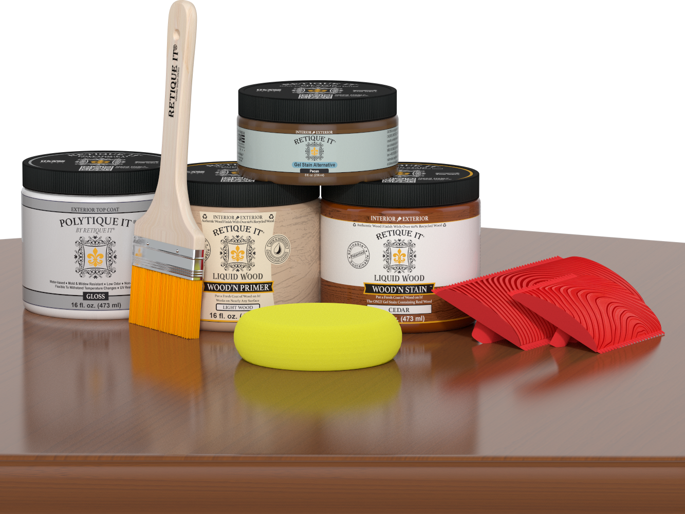 Retique It® Wood'n Kit in cedar for exterior wood finishing, featuring the gloss top coat on a wooden surface.