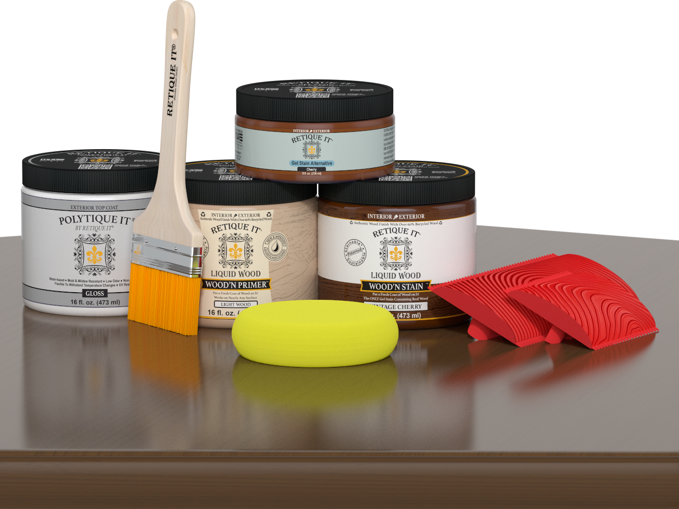 Retique It Wood'n Finish Kit in Vintage Cherry for exterior wood surfaces, featuring a glossy top coat on a wooden table.