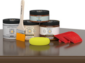 Retique It Wood'n Finish Kit in Vintage Cherry for exterior wood surfaces, featuring a glossy top coat on a wooden table.