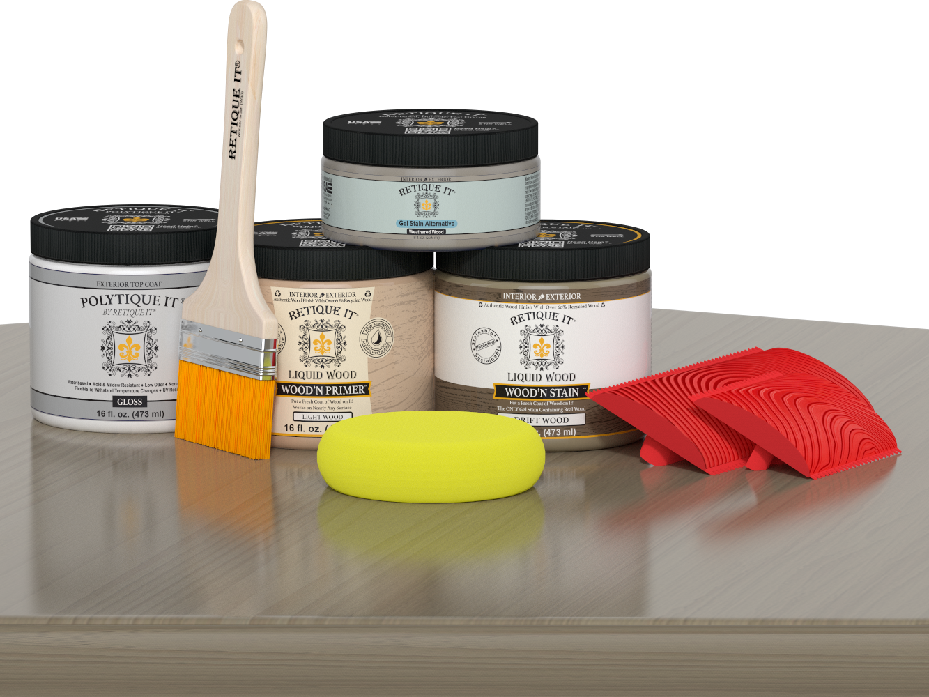 Retique It® Wood'n Finish Kit in Drift Wood, featuring a gloss exterior top coat over wood surface for multi-purpose use.