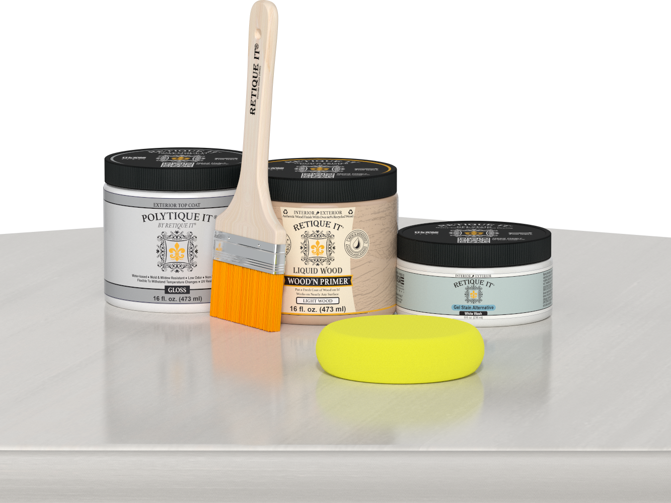 Retique It Wood'n Door smooth finish white wash stain kit with a glossy table surface showing the product and application details.