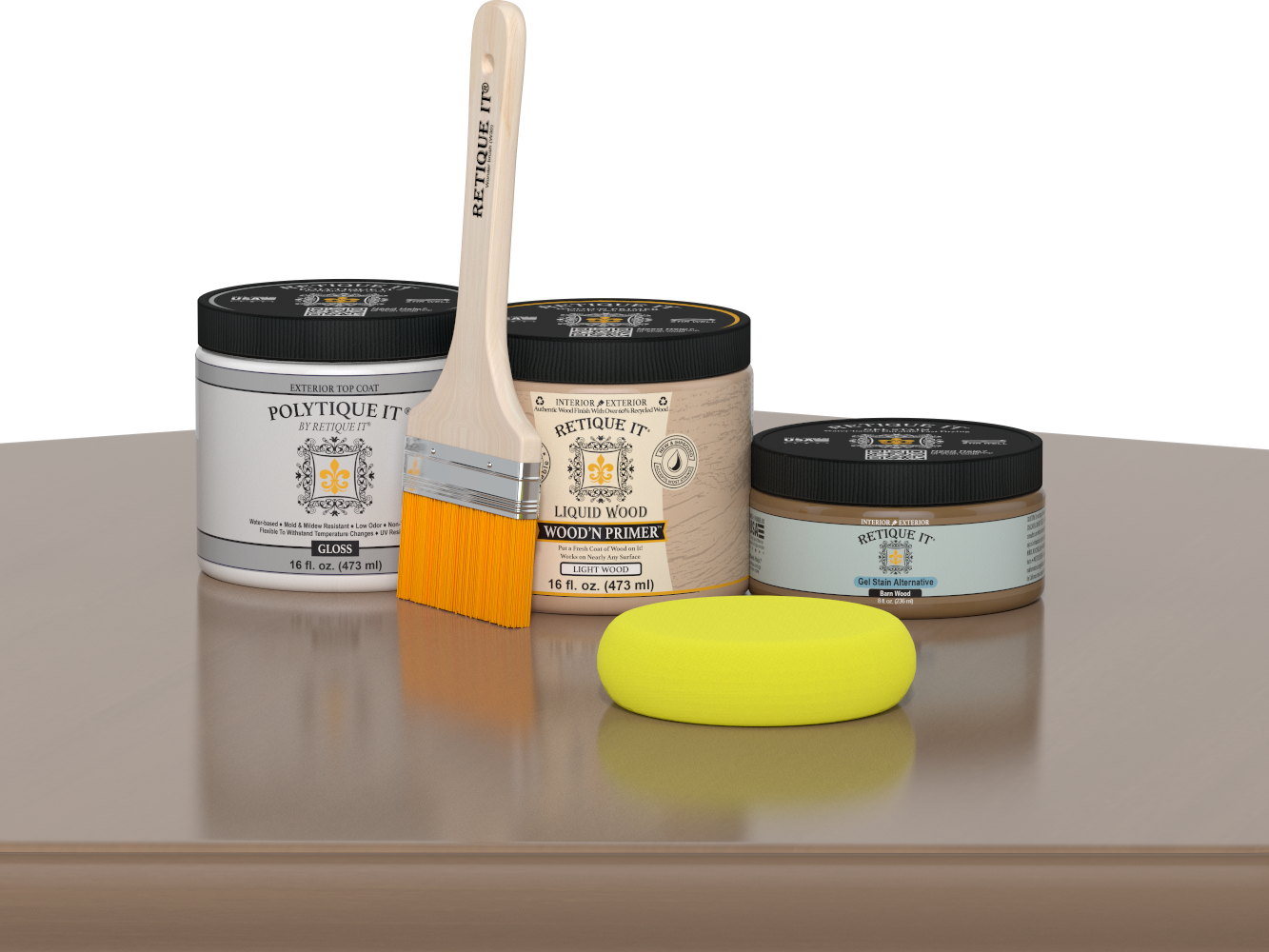 Retique It Barn Wood Kit with Gloss Polytique It, Light Wood Wood'n Primer, Barn Wood Gel Stain Alternative, paintbrush, and yellow sponge on a tabletop.