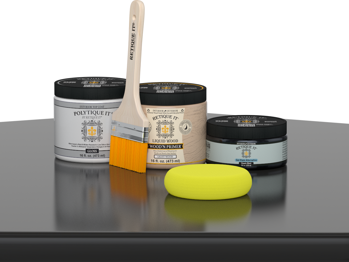 Retique It® Classic Black Brush-On Kit with Gloss PolyTique® includes a brush, Light Wood primer, Classic Black Gel Stain Alternative, Gloss PolyTique® top coat, and a yellow sponge.