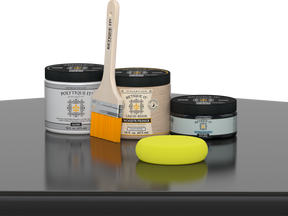 Retique It® Classic Black Brush-On Kit with Gloss PolyTique® includes a brush, Light Wood primer, Classic Black Gel Stain Alternative, Gloss PolyTique® top coat, and a yellow sponge.