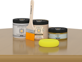 Retique It® Old Oak Brush-On Kit with Gloss PolyTique® includes a brush, Light Wood primer, Old Oak Gel Stain Alternative, Gloss PolyTique® top coat, and a yellow sponge.
