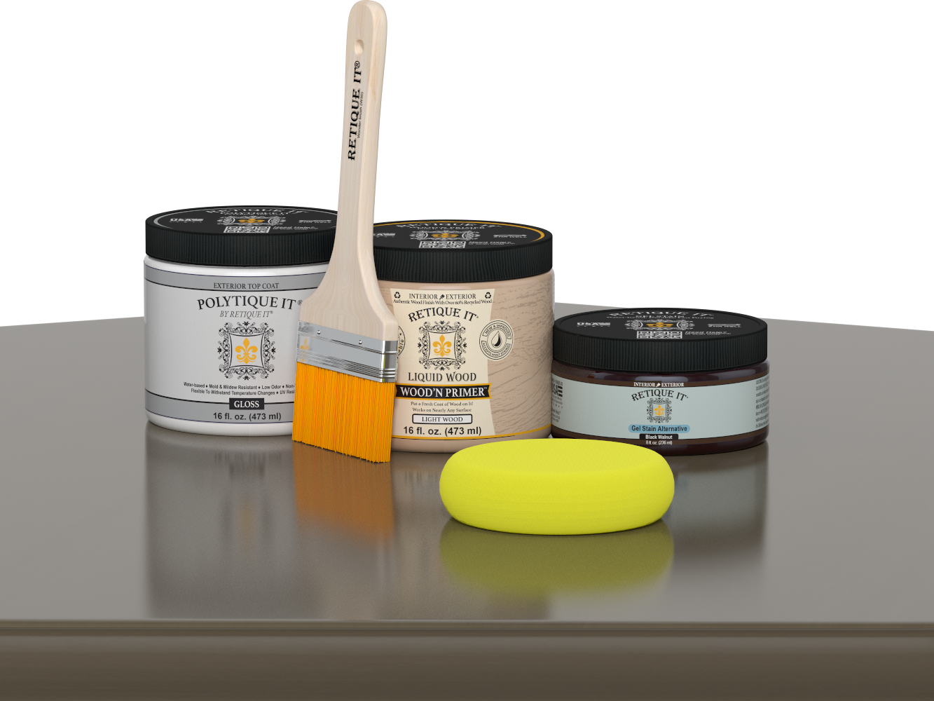 Retique It® Black Walnut Brush-On Kit with Gloss PolyTique® includes a brush, Light Wood primer, Black Walnut Gel Stain Alternative, Gloss PolyTique® top coat, and a yellow sponge.