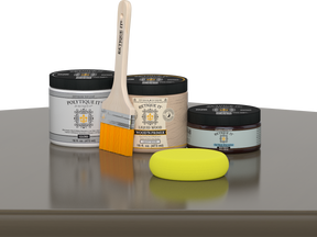 Retique It® Black Walnut Brush-On Kit with Gloss PolyTique® includes a brush, Light Wood primer, Black Walnut Gel Stain Alternative, Gloss PolyTique® top coat, and a yellow sponge.