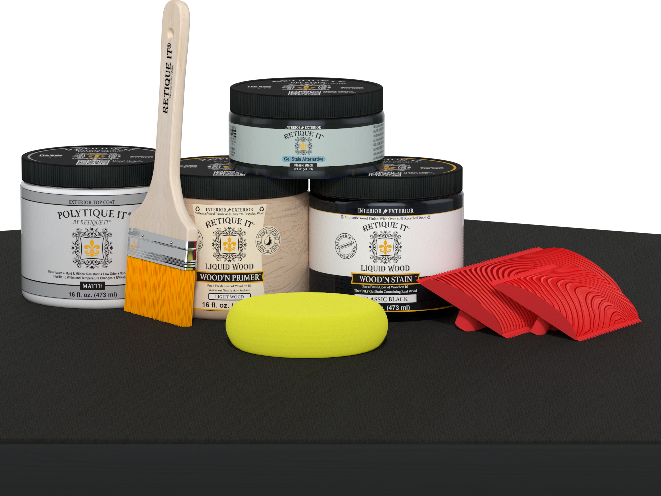 Retique It® Multi-purpose Smooth Finish Kit in Classic Black for wood, featuring exterior top coat on a table surface.