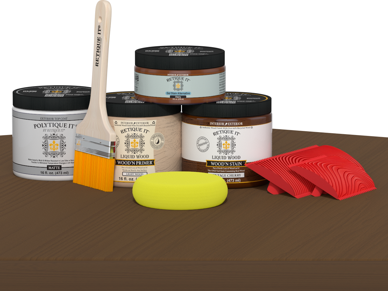 Retique It Wood'n Kit in Vintage Cherry for exterior wood finishing, featuring a matte top coat on a wooden surface.