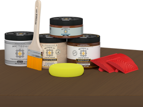 Retique It Wood'n Kit in Vintage Cherry for exterior wood finishing, featuring a matte top coat on a wooden surface.