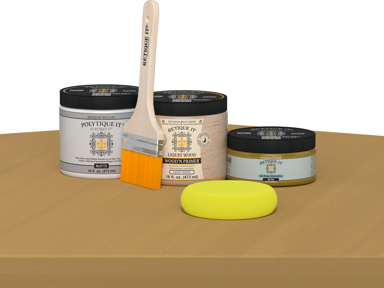 Retique It refinishing kit with Light Wood primer, Old Oak gel stain alternative, matte Polytique It topcoat, a brush and yellow sponge.