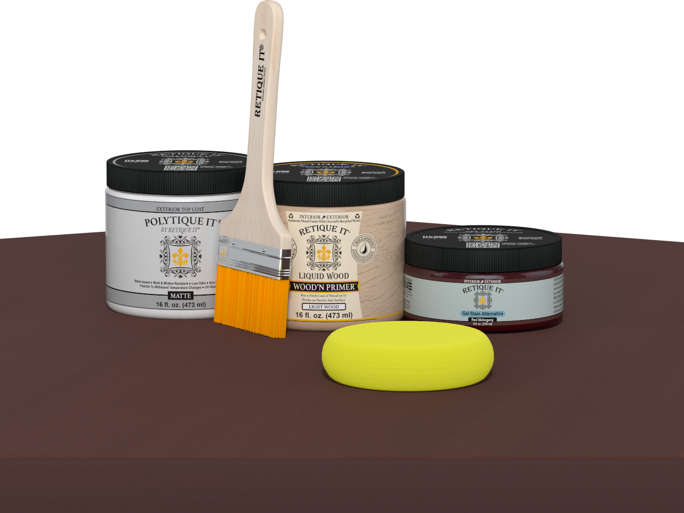 Retique It refinishing kit with Light Wood primer, Red Mahogany gel stain alternative, matte Polytique It topcoat, a brush and yellow sponge.