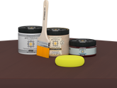 Retique It refinishing kit with Light Wood primer, Red Mahogany gel stain alternative, matte Polytique It topcoat, a brush and yellow sponge.