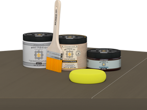 Retique It® Black Walnut Brush-On Kit with Matte PolyTique® includes a brush, Light Wood primer, Black Walnut Gel Stain Alternative, Matte PolyTique® top coat, and a yellow sponge.