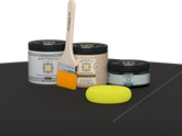 Retique It® Classic Black Brush-On Kit with Matte PolyTique® includes a brush, Light Wood primer, Classic Black Gel Stain Alternative, Matte PolyTique® top coat, and a yellow sponge.