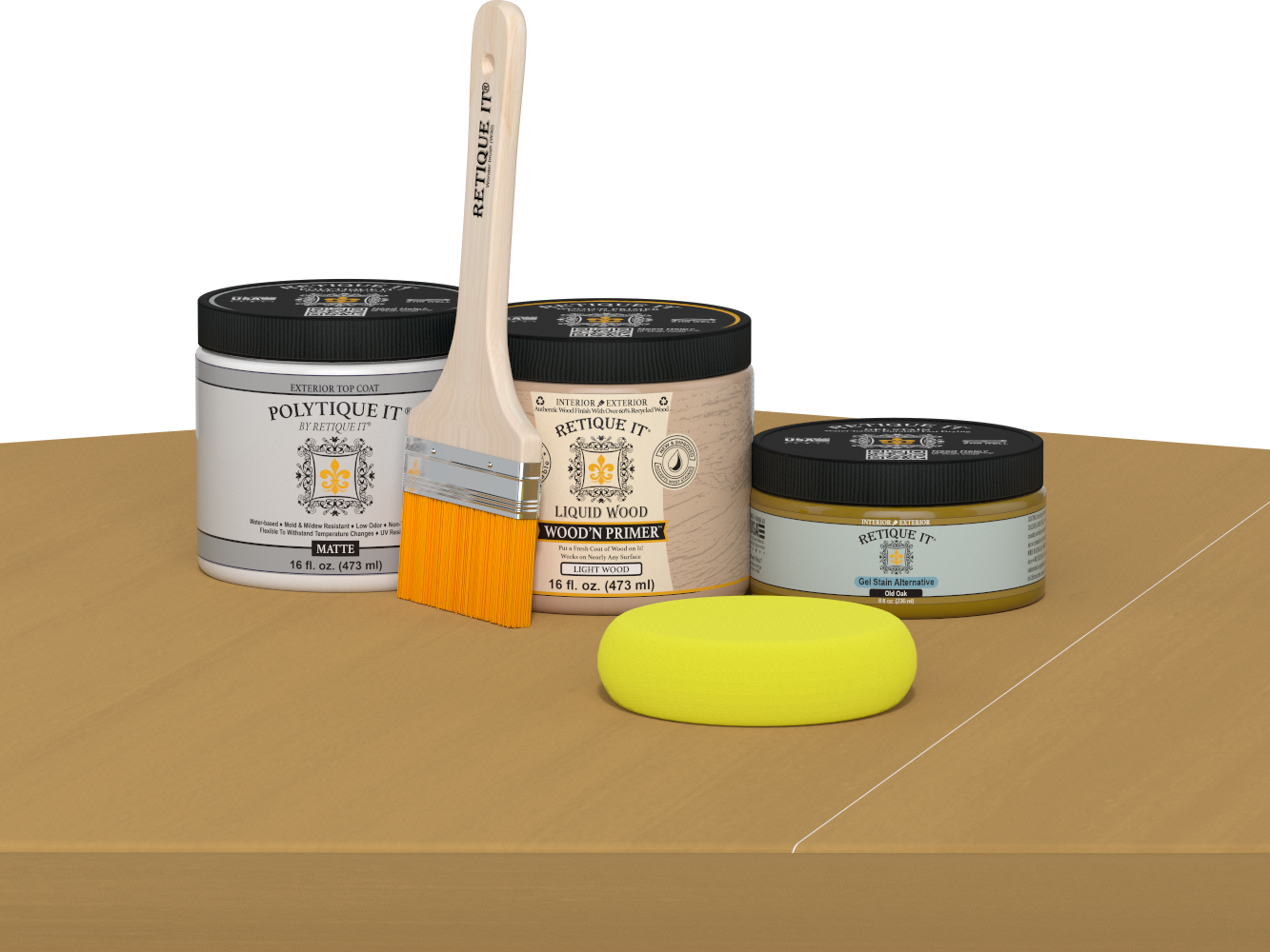 Retique It® Old Oak Brush-On Kit with Matte PolyTique® includes a brush, Light Wood primer, Old Oak Gel Stain Alternative, Matte PolyTique® top coat, and a yellow sponge.