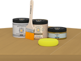 Retique It® Old Oak Brush-On Kit with Matte PolyTique® includes a brush, Light Wood primer, Old Oak Gel Stain Alternative, Matte PolyTique® top coat, and a yellow sponge.