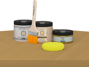 Retique It® Old Oak Brush-On Kit with Matte PolyTique® includes a brush, Light Wood primer, Old Oak Gel Stain Alternative, Matte PolyTique® top coat, and a yellow sponge.