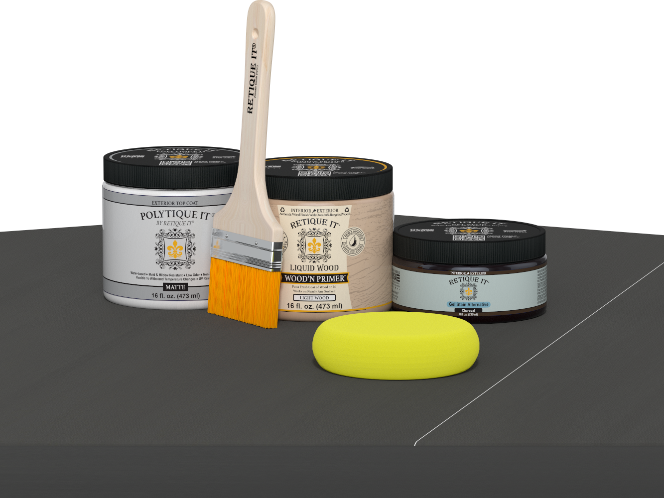 Retique It® Charcoal Brush-On Kit with Matte PolyTique® includes a brush, Light Wood primer, Charcoal Gel Stain Alternative, Matte PolyTique® top coat, and a yellow sponge.