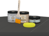 Retique It® Charcoal Brush-On Kit with Matte PolyTique® includes a brush, Light Wood primer, Charcoal Gel Stain Alternative, Matte PolyTique® top coat, and a yellow sponge.