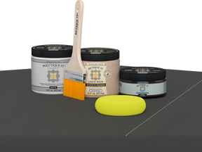 Retique It® Charcoal Brush-On Kit with Matte PolyTique® includes a brush, Light Wood primer, Charcoal Gel Stain Alternative, Matte PolyTique® top coat, and a yellow sponge.