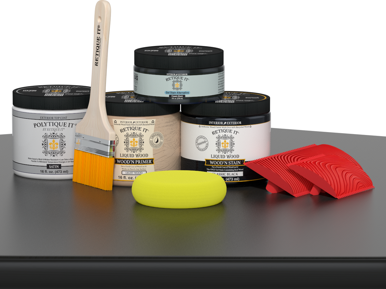 Retique It® Multi-purpose Smooth Finish Kit in classic black for wood surfaces, featuring exterior top coat on a table.