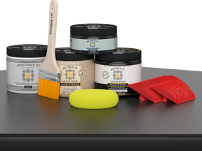 Retique It® Multi-purpose Smooth Finish Kit in classic black for wood surfaces, featuring exterior top coat on a table.