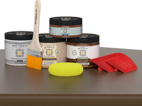 Retique It Wood'n Finish Kit in Vintage Cherry for exterior wood projects; satin top coat applied to a wooden table.