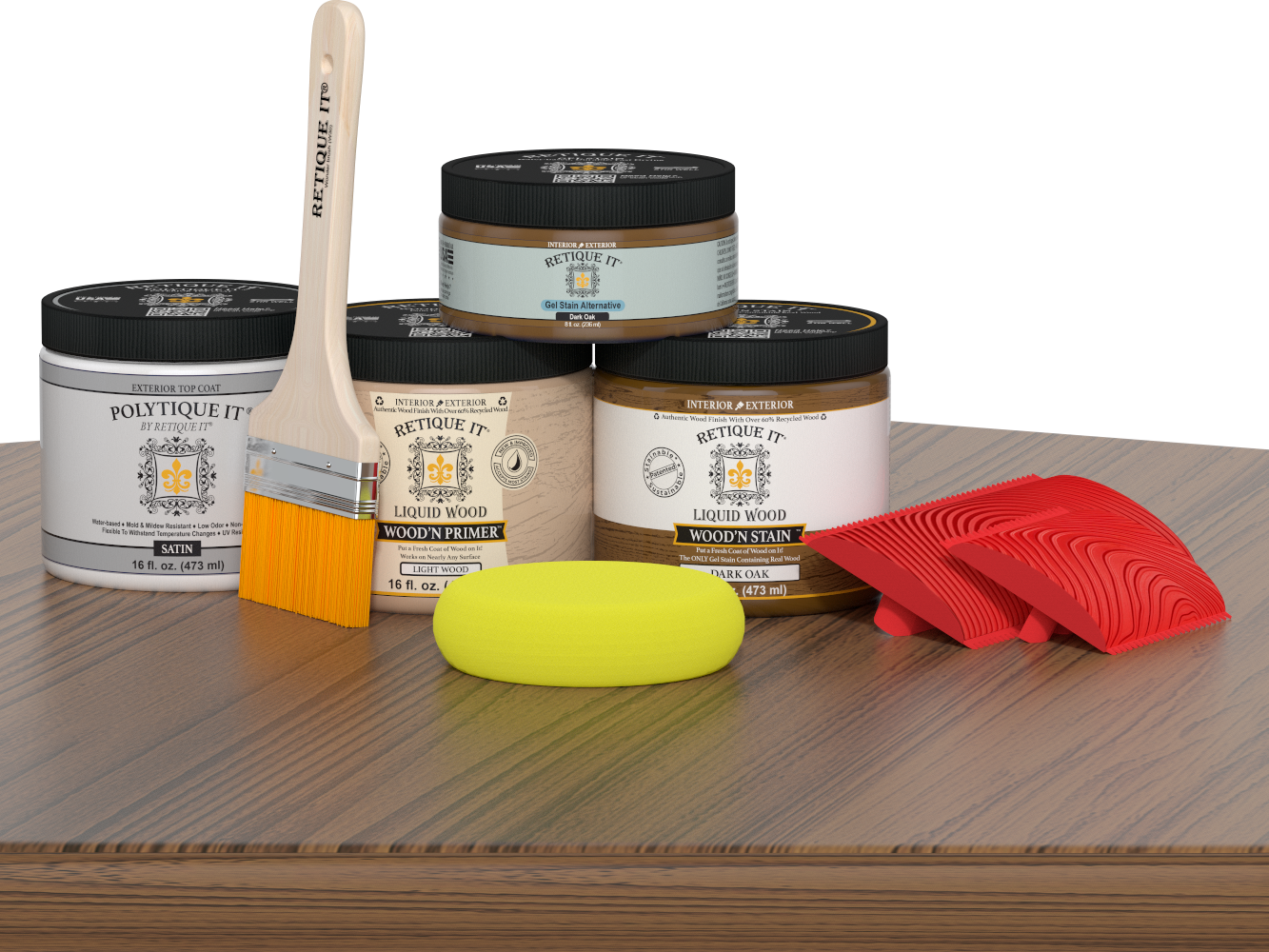 Retique It® Wood'n Finish Kit in Dark Oak for exterior wood surfaces, showing the satin finish on a table top.