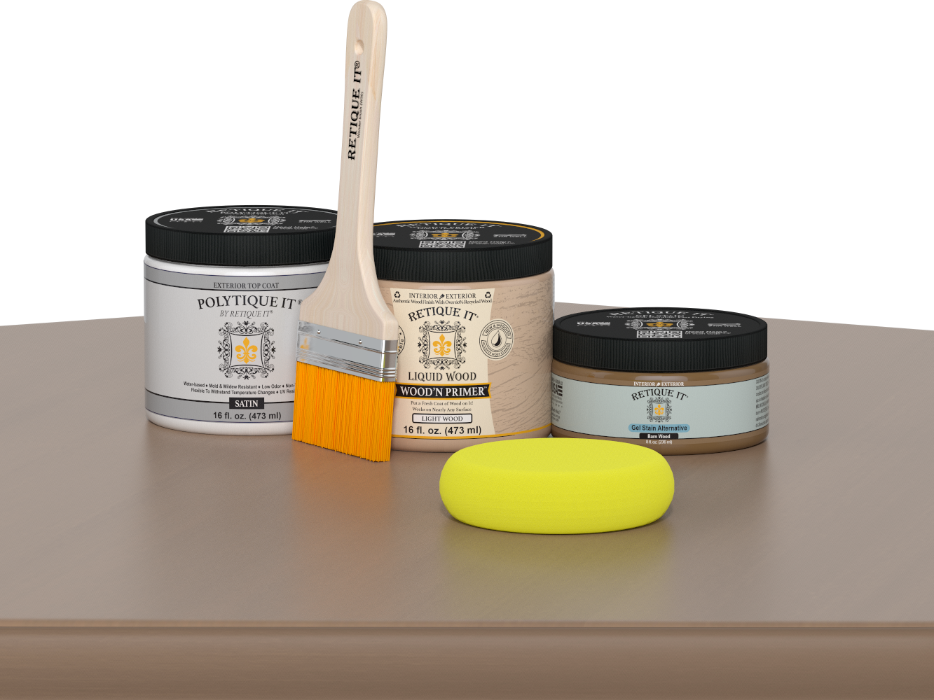 Retique It Barn Wood Kit with Satin Polytique It, Light Wood Wood'n Primer, Barn Wood Gel Stain Alternative, paintbrush, and yellow sponge on a tabletop.