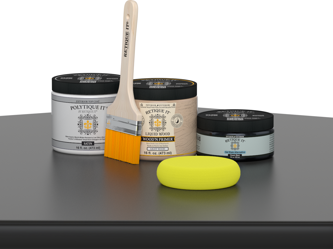 Retique It® Classic Black Brush-On Kit with Satin PolyTique® includes a brush, Light Wood primer, Classic Black Gel Stain Alternative, Satin PolyTique® top coat, and a yellow sponge.