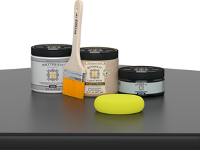 Retique It® Classic Black Brush-On Kit with Satin PolyTique® includes a brush, Light Wood primer, Classic Black Gel Stain Alternative, Satin PolyTique® top coat, and a yellow sponge.