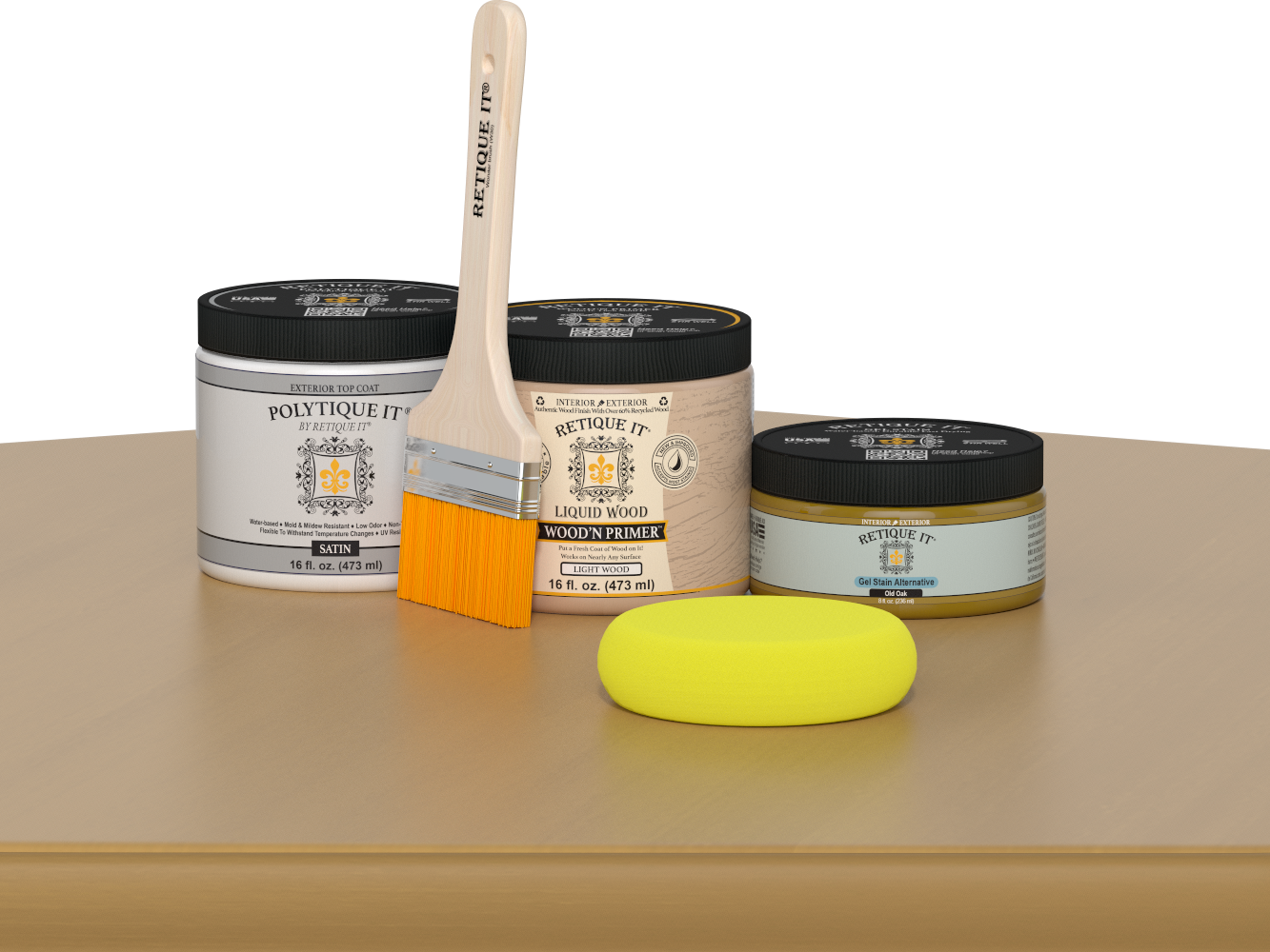 Retique It® Old Oak Brush-On Kit with Satin PolyTique® includes a brush, Light Wood primer, Old Oak Gel Stain Alternative, Satin PolyTique® top coat, and a yellow sponge.