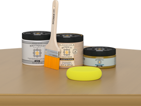 Retique It® Old Oak Brush-On Kit with Satin PolyTique® includes a brush, Light Wood primer, Old Oak Gel Stain Alternative, Satin PolyTique® top coat, and a yellow sponge.