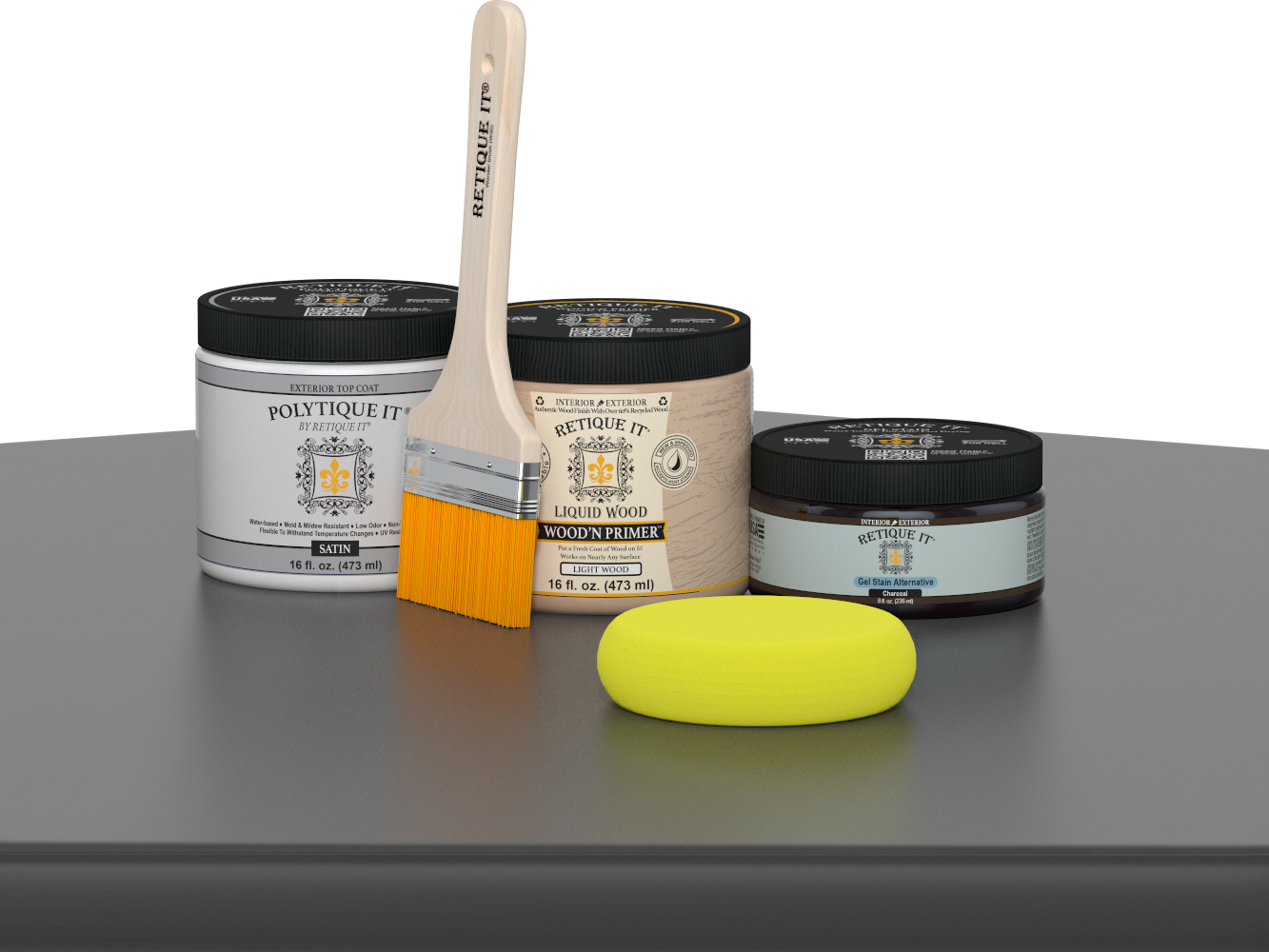Retique It® Charcoal Brush-On Kit with Satin PolyTique® includes a brush, Light Wood primer, Charcoal Gel Stain Alternative, Satin PolyTique® top coat, and a yellow sponge.