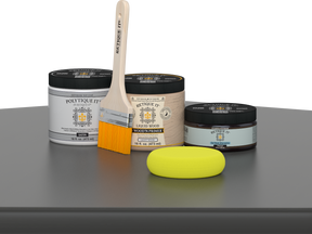 Retique It® Charcoal Brush-On Kit with Satin PolyTique® includes a brush, Light Wood primer, Charcoal Gel Stain Alternative, Satin PolyTique® top coat, and a yellow sponge.