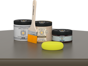 Retique It® Black Walnut Brush-On Kit with Satin PolyTique® includes a brush, Light Wood primer, Black Walnut Gel Stain Alternative, Satin PolyTique® top coat, and a yellow sponge.