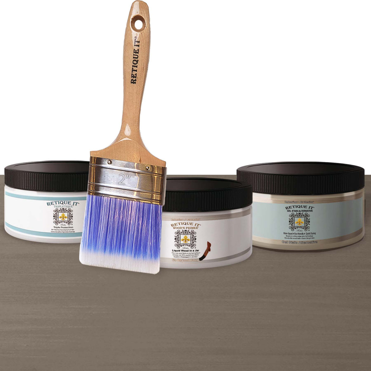 Retique It Multi-purpose Smooth Finish Kit in Harbor Gray for interior wood projects, includes primer, gel, and top coat.