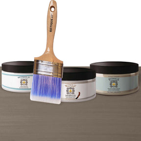 Retique It Multi-purpose Smooth Finish Kit in Harbor Gray for interior wood projects, includes primer, gel, and top coat.
