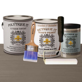 Retique It Multi-purpose Smooth Finish Kit with Harbor Gray exterior top coat, including primer and gel for wood finishing.