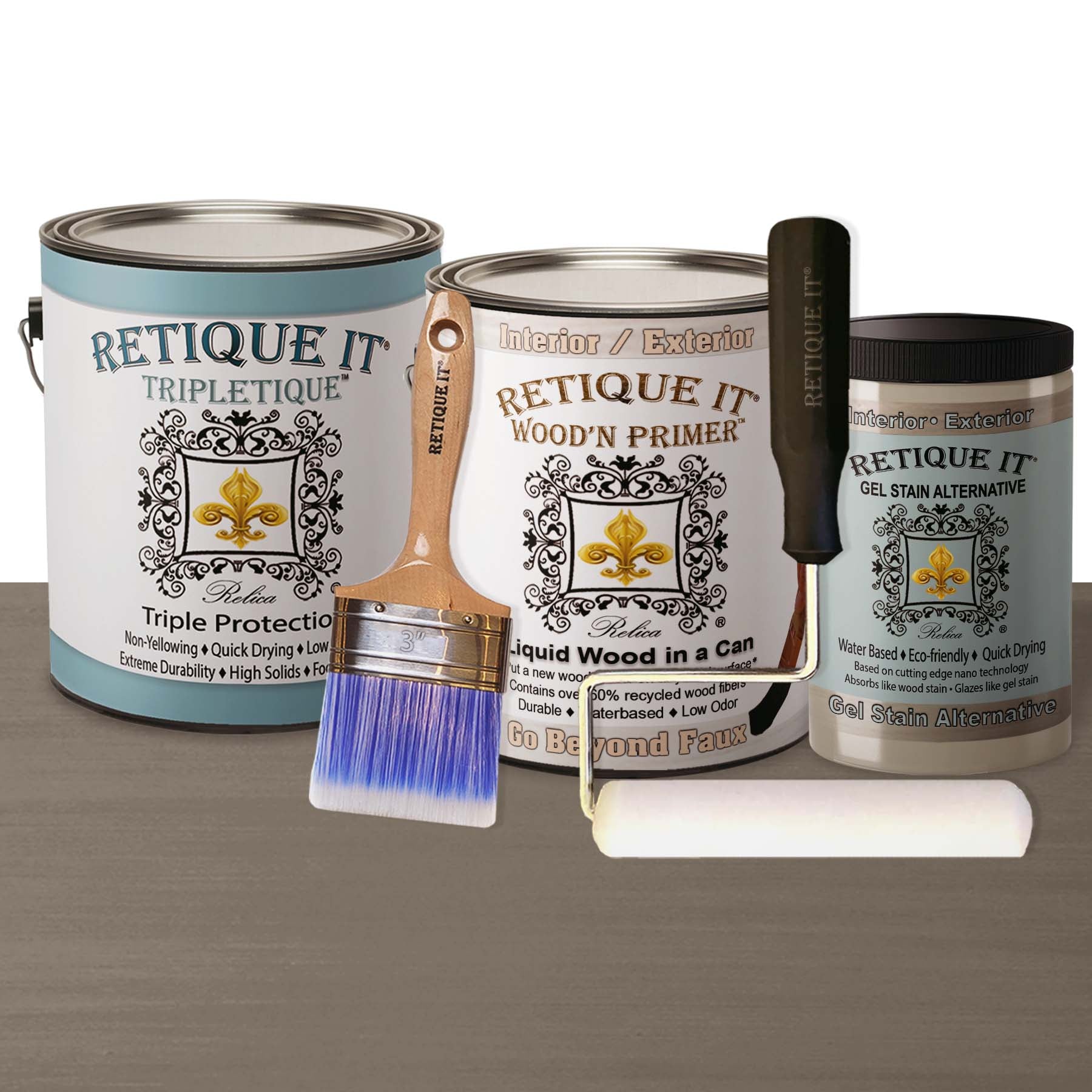 Retique It Multi-purpose Smooth Finish Kit with Harbor Gray interior top coat, includes primer and gel for wood finishing.