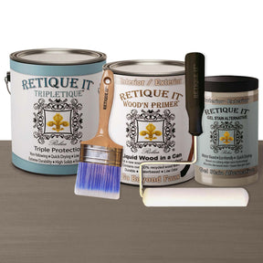 Retique It Multi-purpose Smooth Finish Kit with Harbor Gray interior top coat, includes primer and gel for wood finishing.