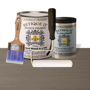 Retique It Multi-purpose Smooth Finish Kit in Harbor Gray with primer and gel, designed for wood finishing projects.
