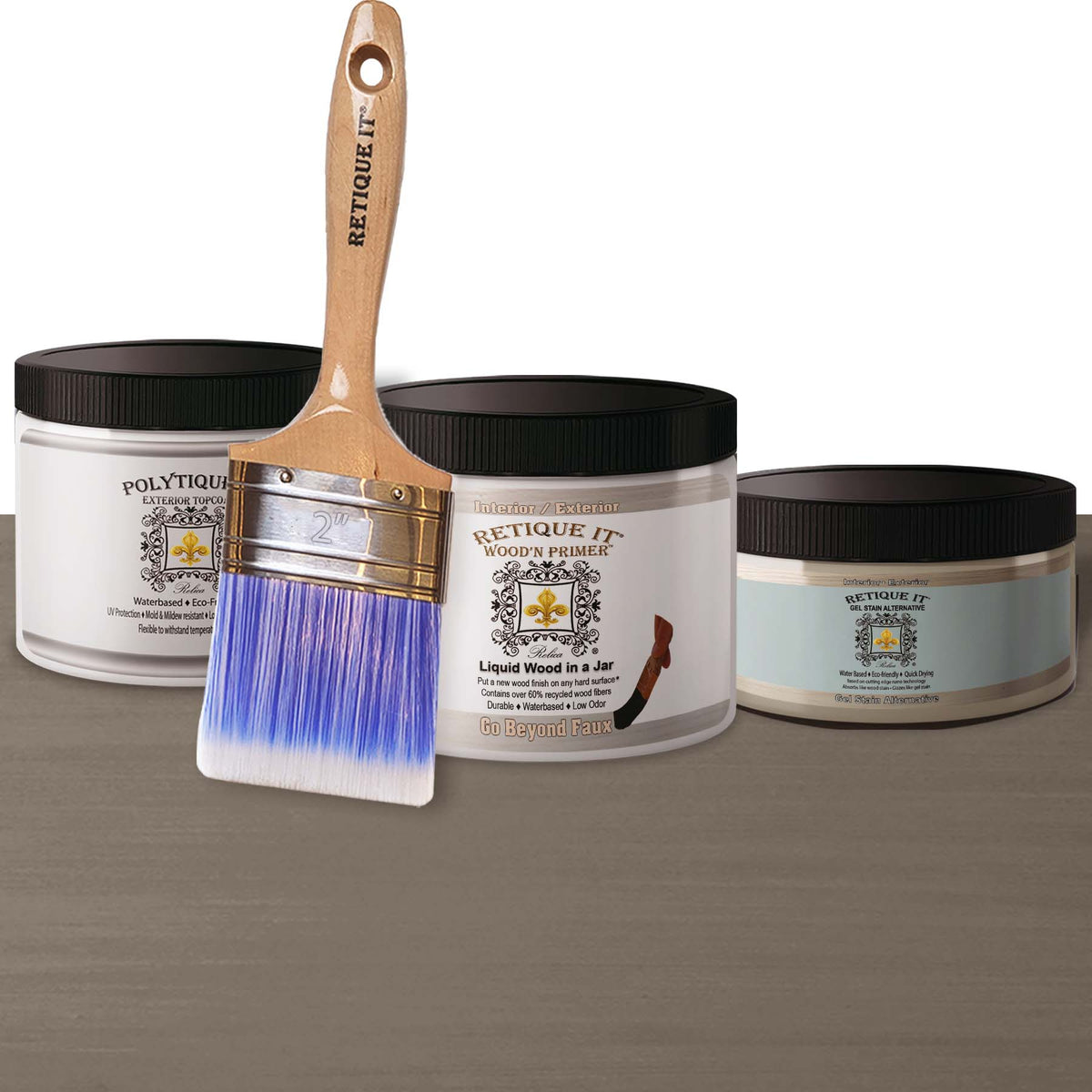 Retique It Multi-purpose Smooth Finish Kit in Harbor Gray for exterior wood projects, includes primer and top coat components.